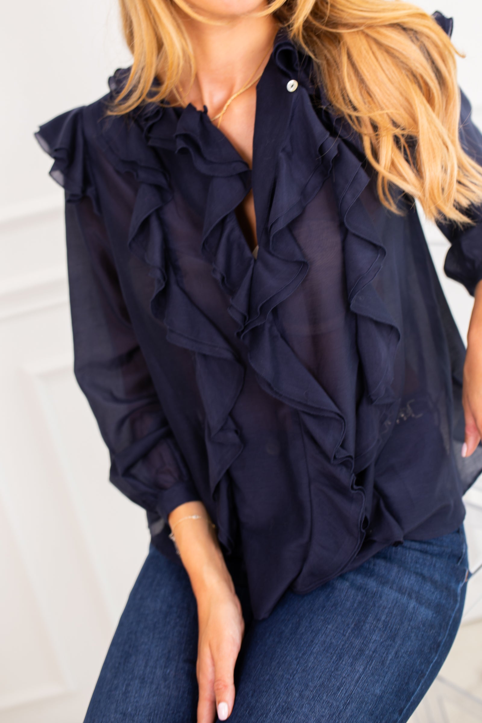 Navy Ruffle Blouse